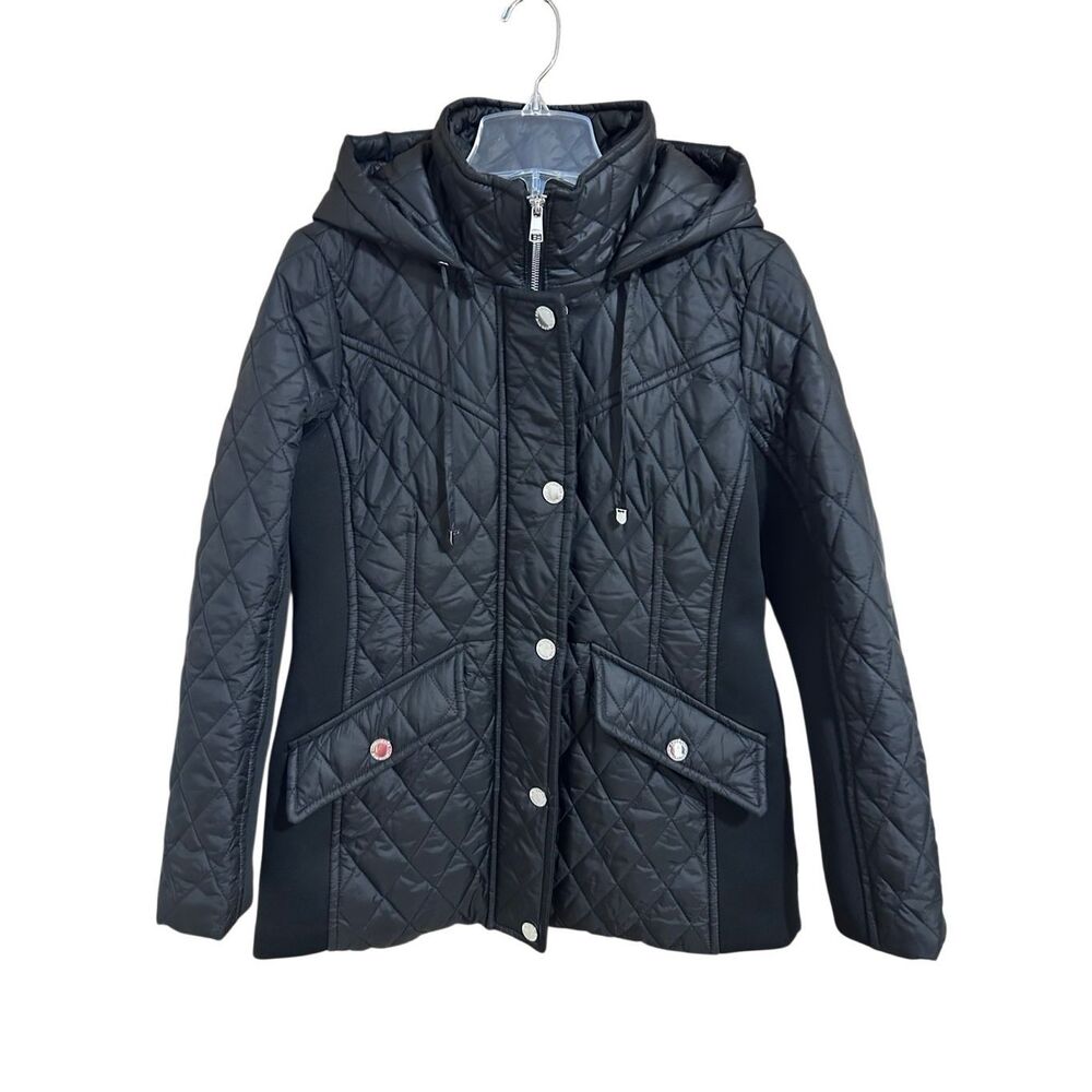 London Fog Black Diamond Quilted Hooded Water Resistant Jacket Women’s Sz S